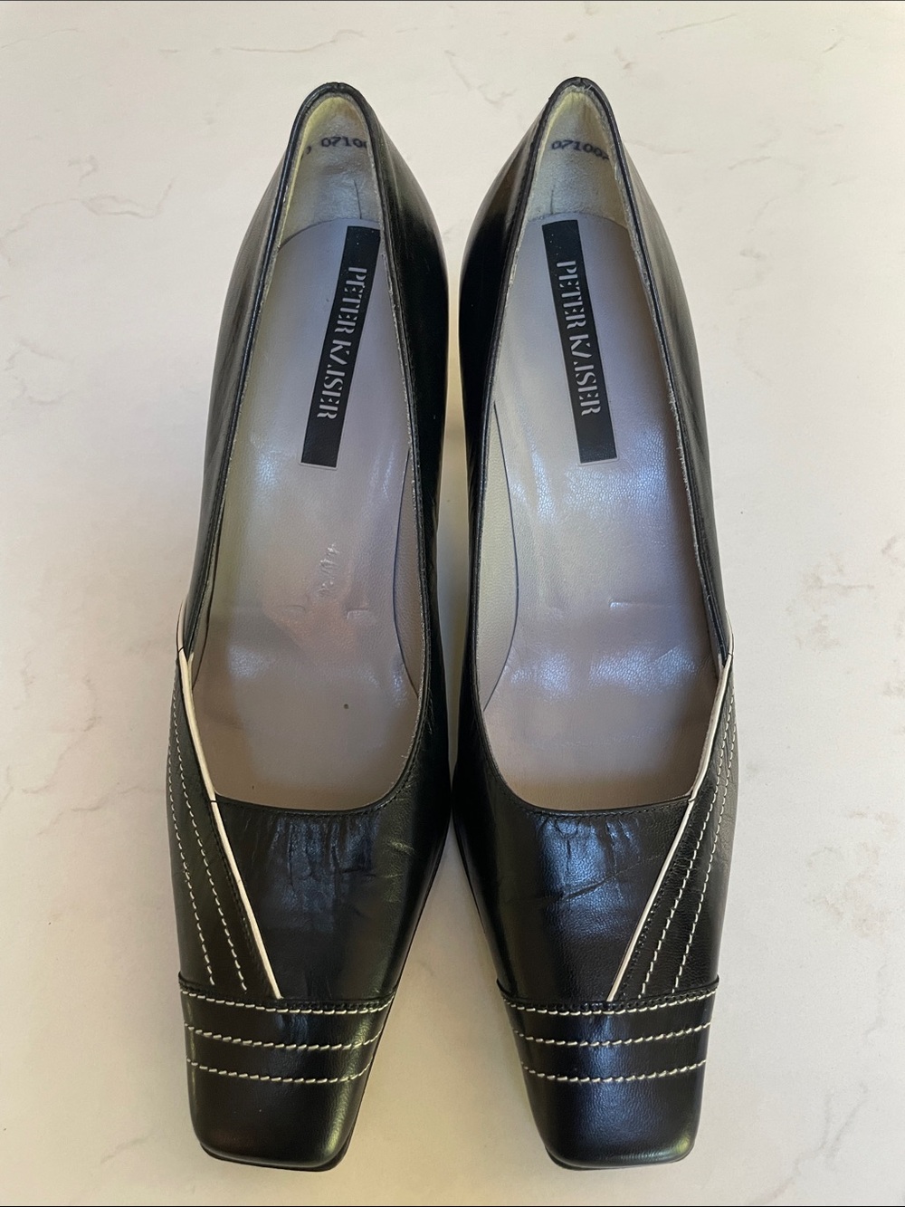 Peter Kaiser Black Leather Vintage Square-Toe Pumps with Contrast Stitching 6